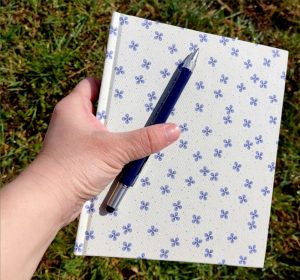 Eine Hand hält ein helles Schreibbuch, das mit kleinen blauen Blumen bedruckt ist, sowie einen blauen Stift. Im Hintergrund ist Wiese.